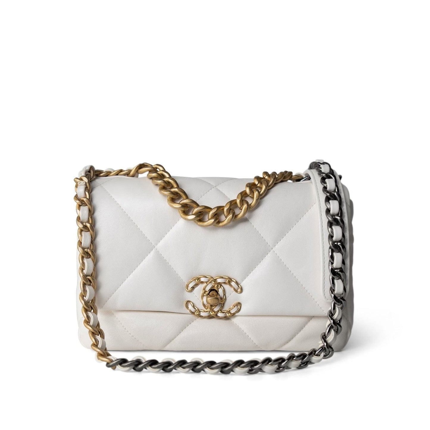 21P White Lambskin Quilted 19 Flap Small Mixed Hardware