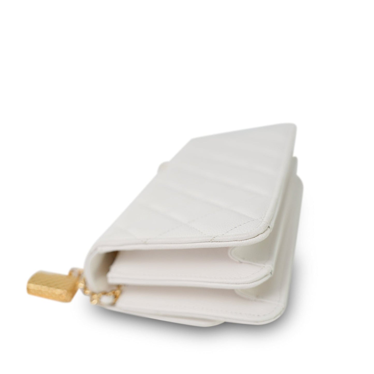 White Caviar Quilted Flap Charm Wallet On Chain WOC Gold Hardware