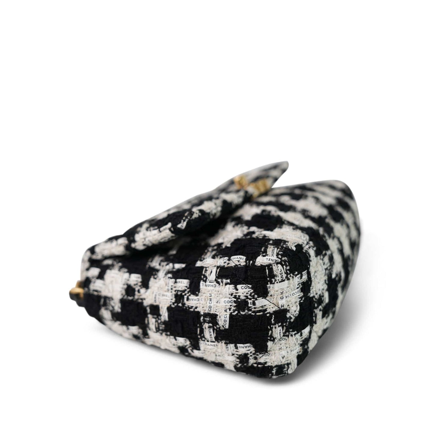 20S Ecru Black & White Ribbon Tweed Quilted 19 Flap Small Mixed Hardware