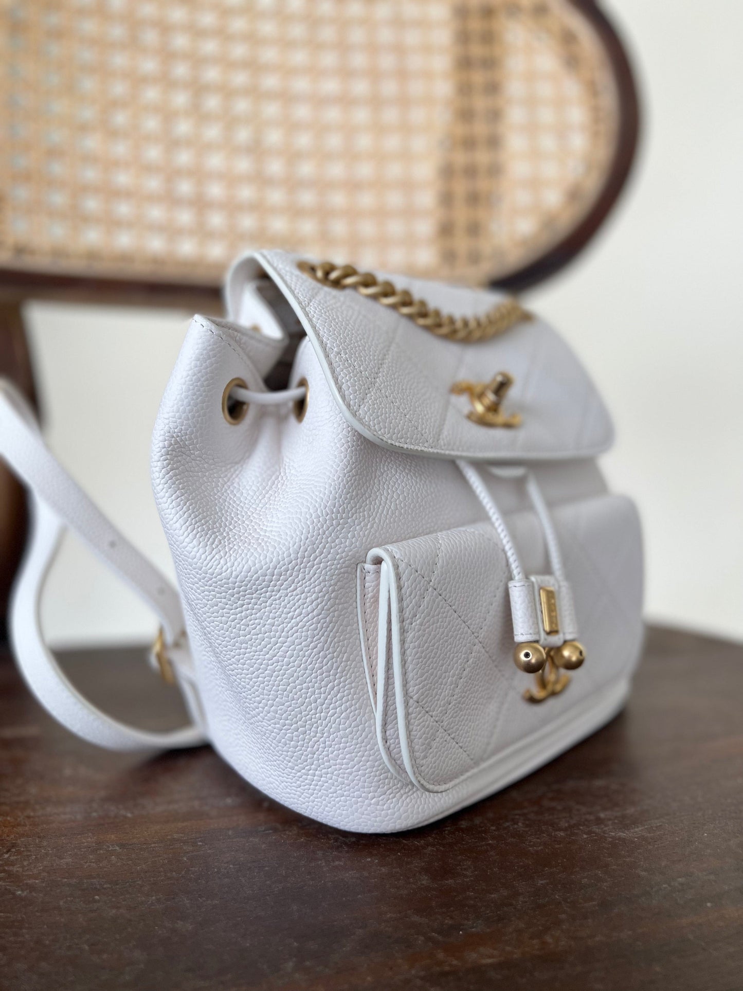 White Caviar Quilted BackPack w/ Aged Gold Hardware