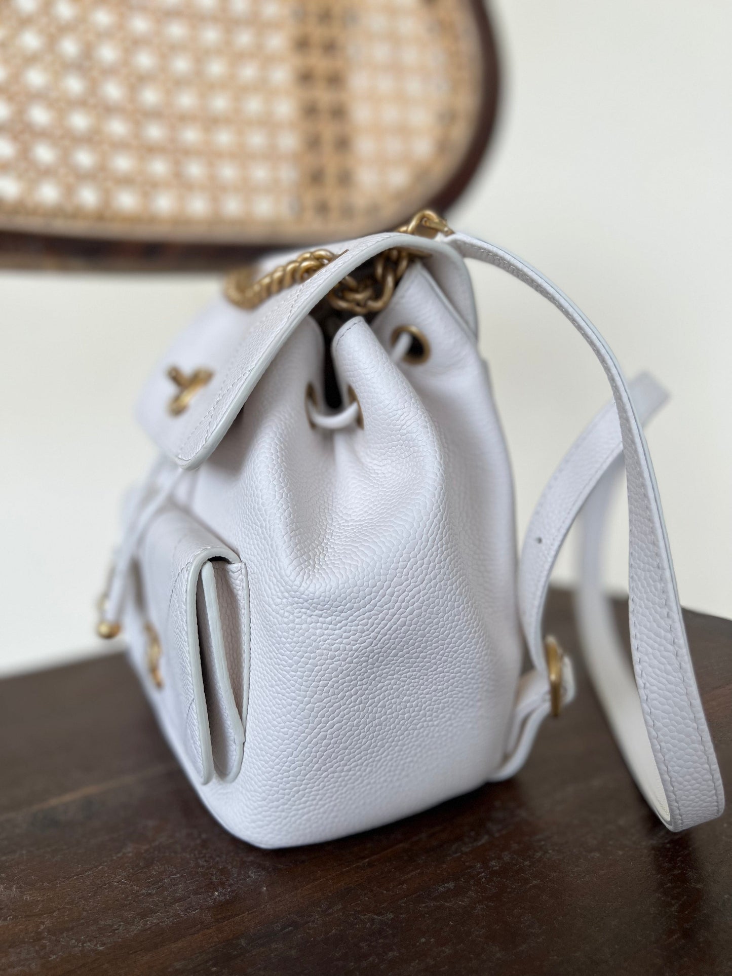 White Caviar Quilted BackPack w/ Aged Gold Hardware
