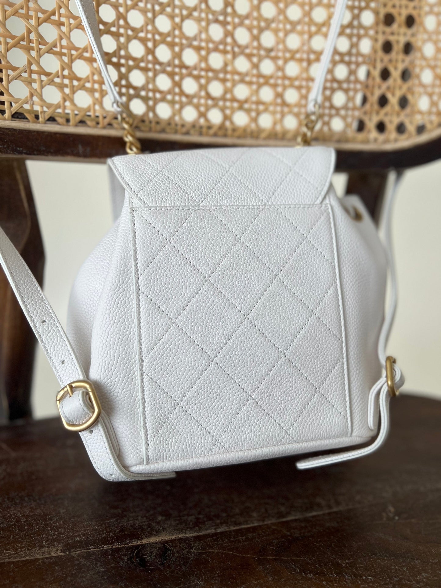 White Caviar Quilted BackPack w/ Aged Gold Hardware