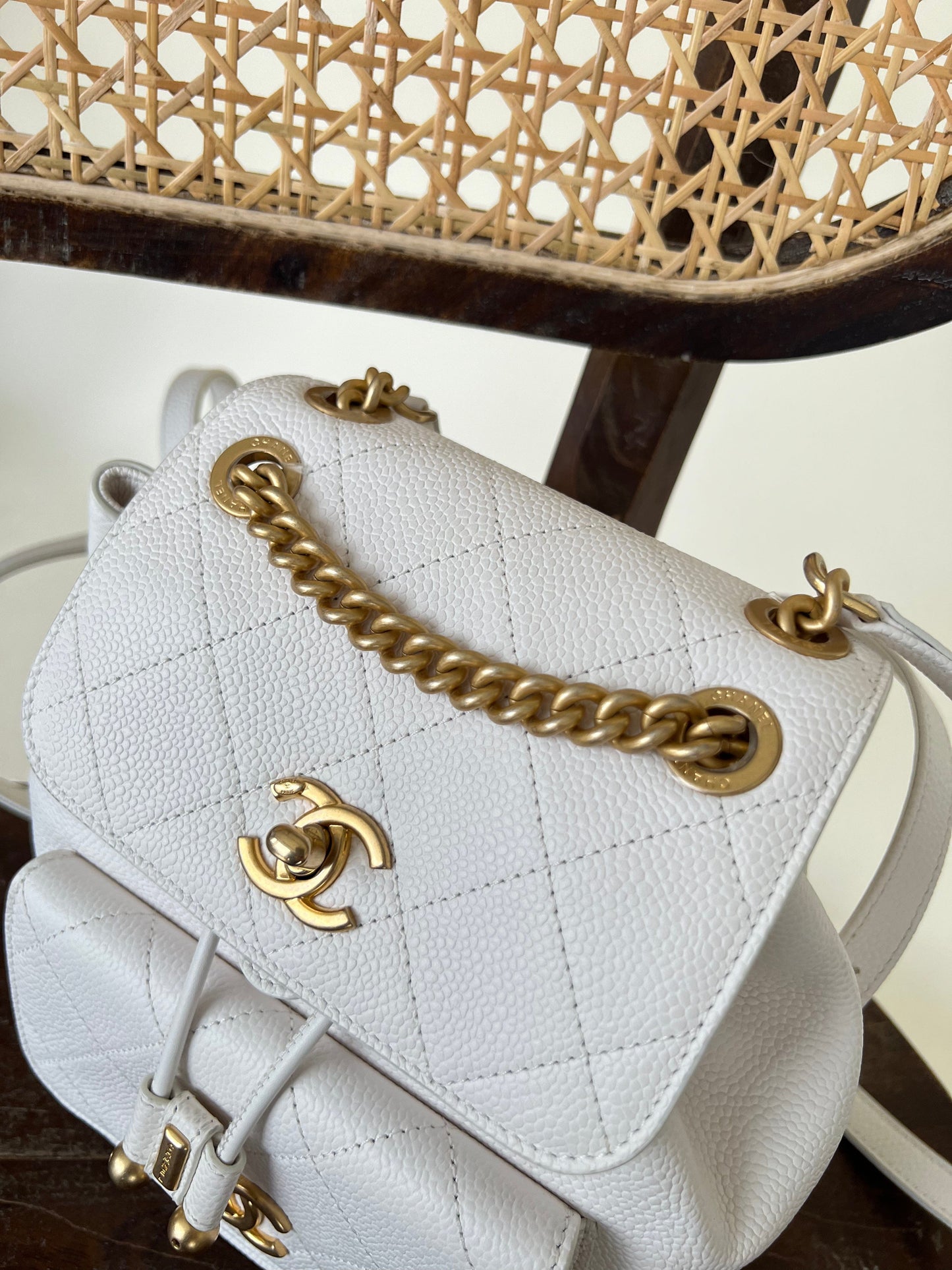 White Caviar Quilted BackPack w/ Aged Gold Hardware