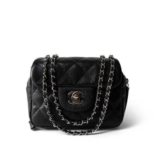 12C Black Caviar Quilted Mini Dual Zipper Case Silver Hardware