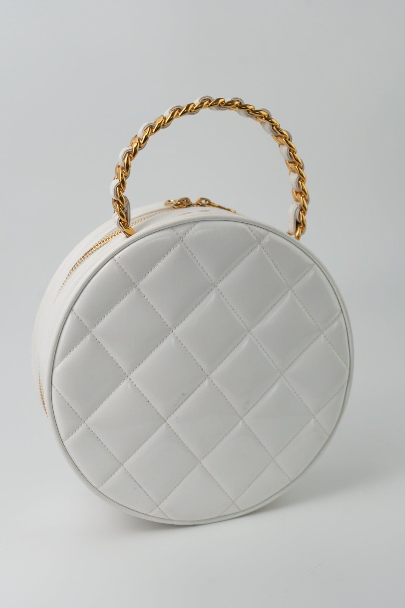 Vintage White Patent Leather Round Vanity Bag Gold Hardware