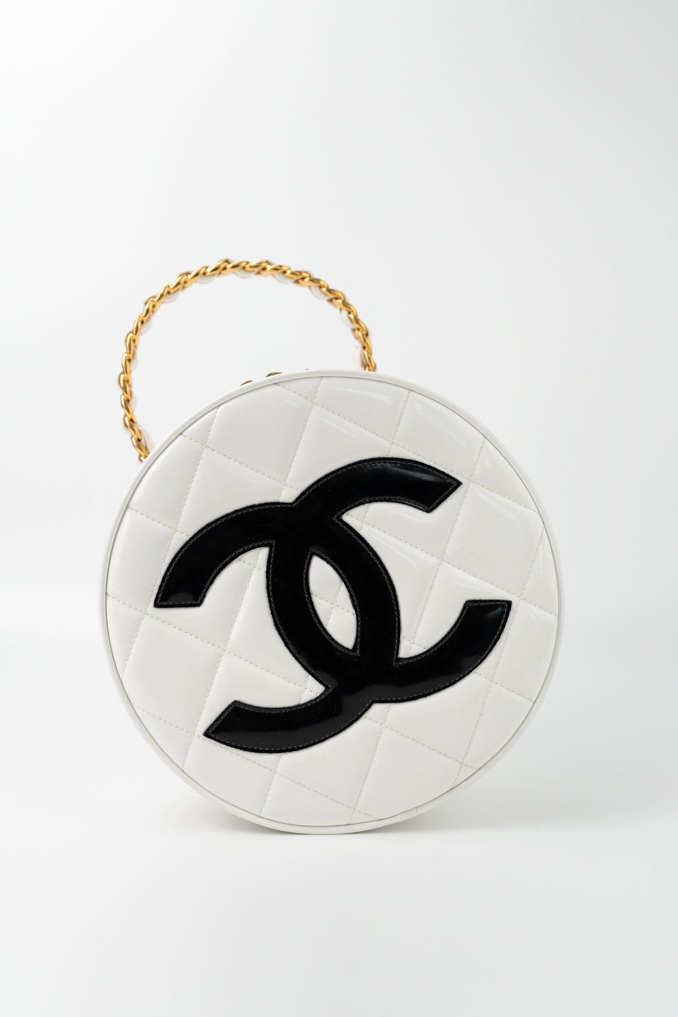 Vintage White Patent Leather Round Vanity Bag Gold Hardware