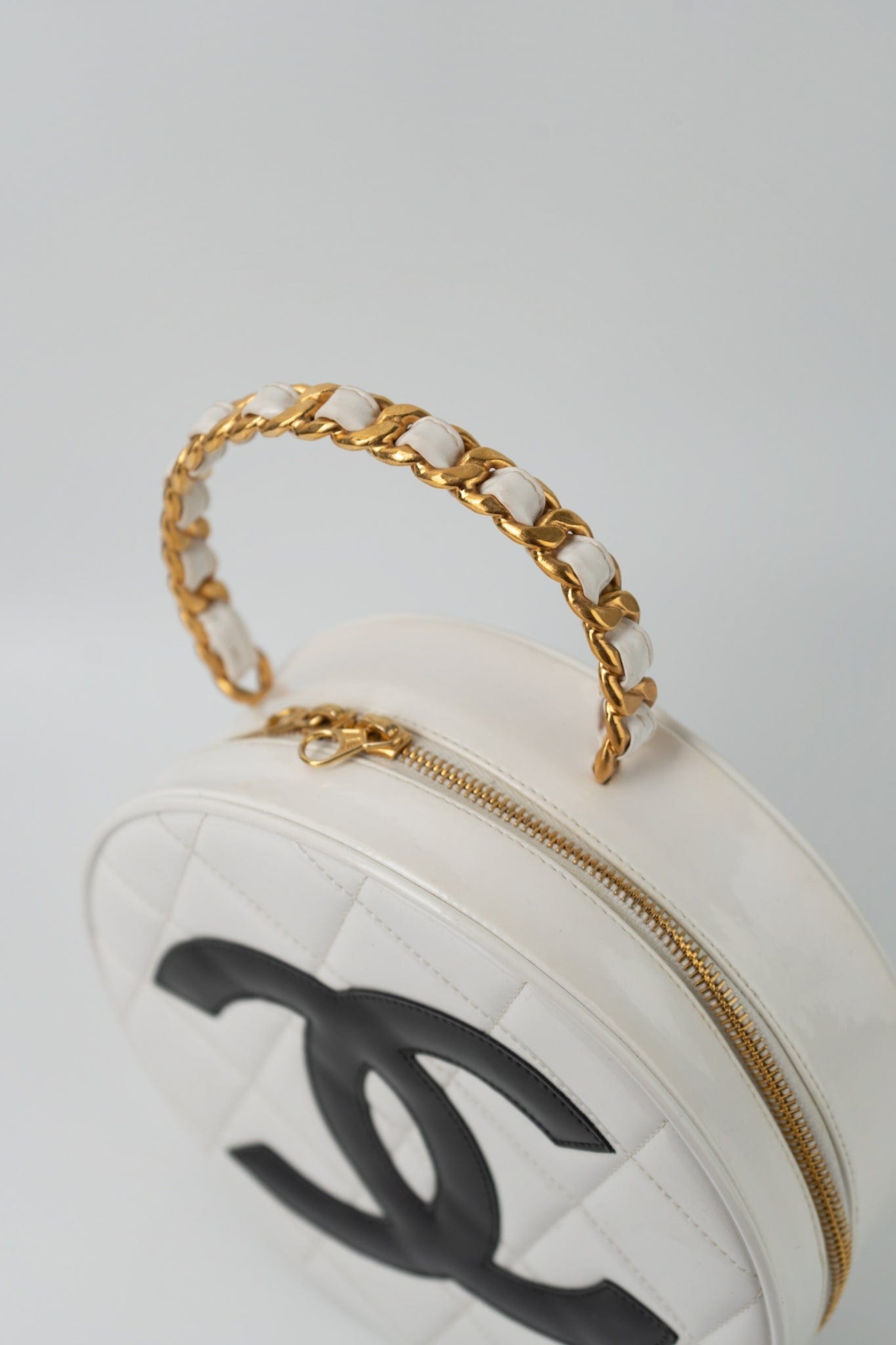 Vintage White Patent Leather Round Vanity Bag Gold Hardware