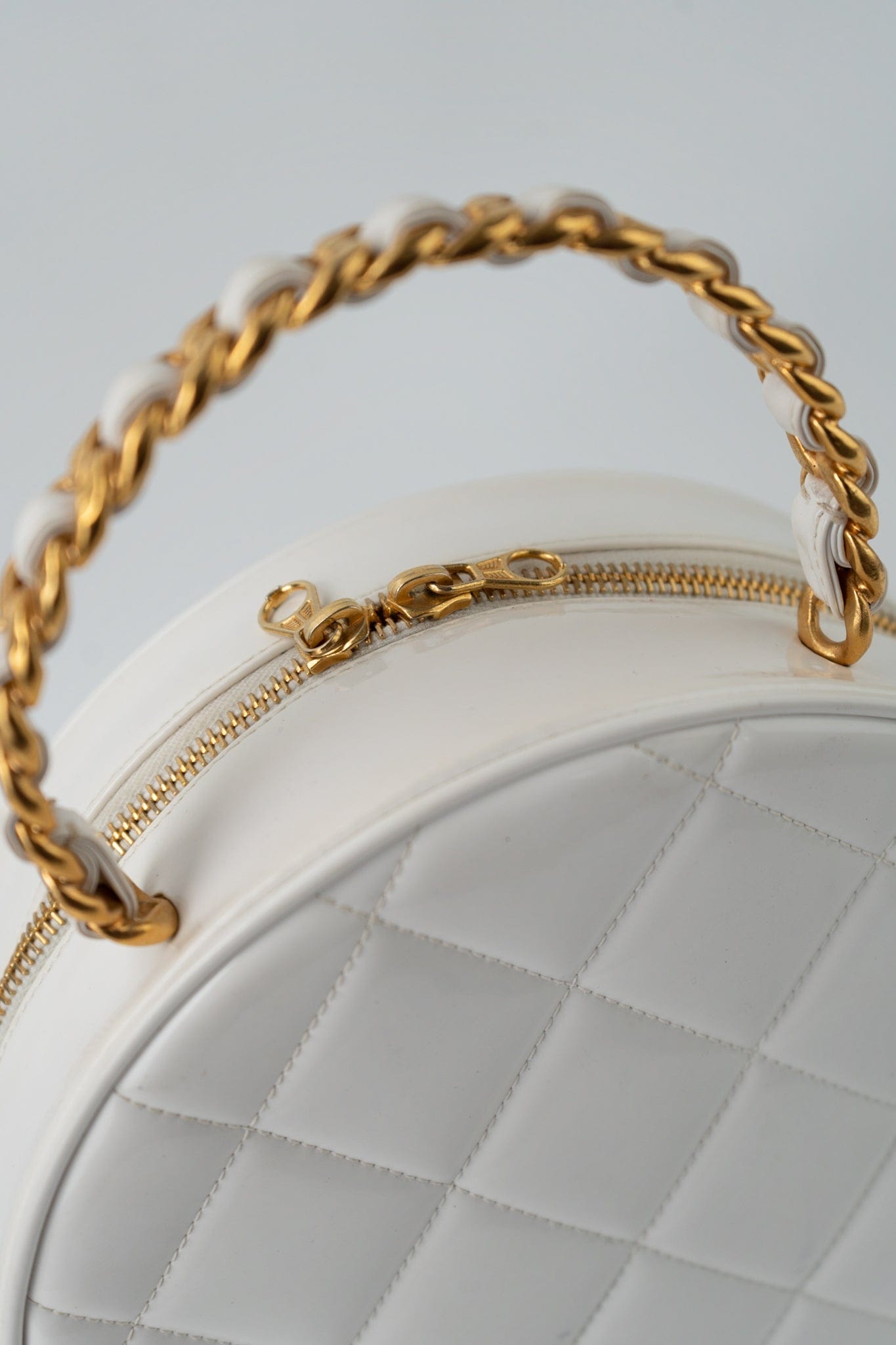 Vintage White Patent Leather Round Vanity Bag Gold Hardware