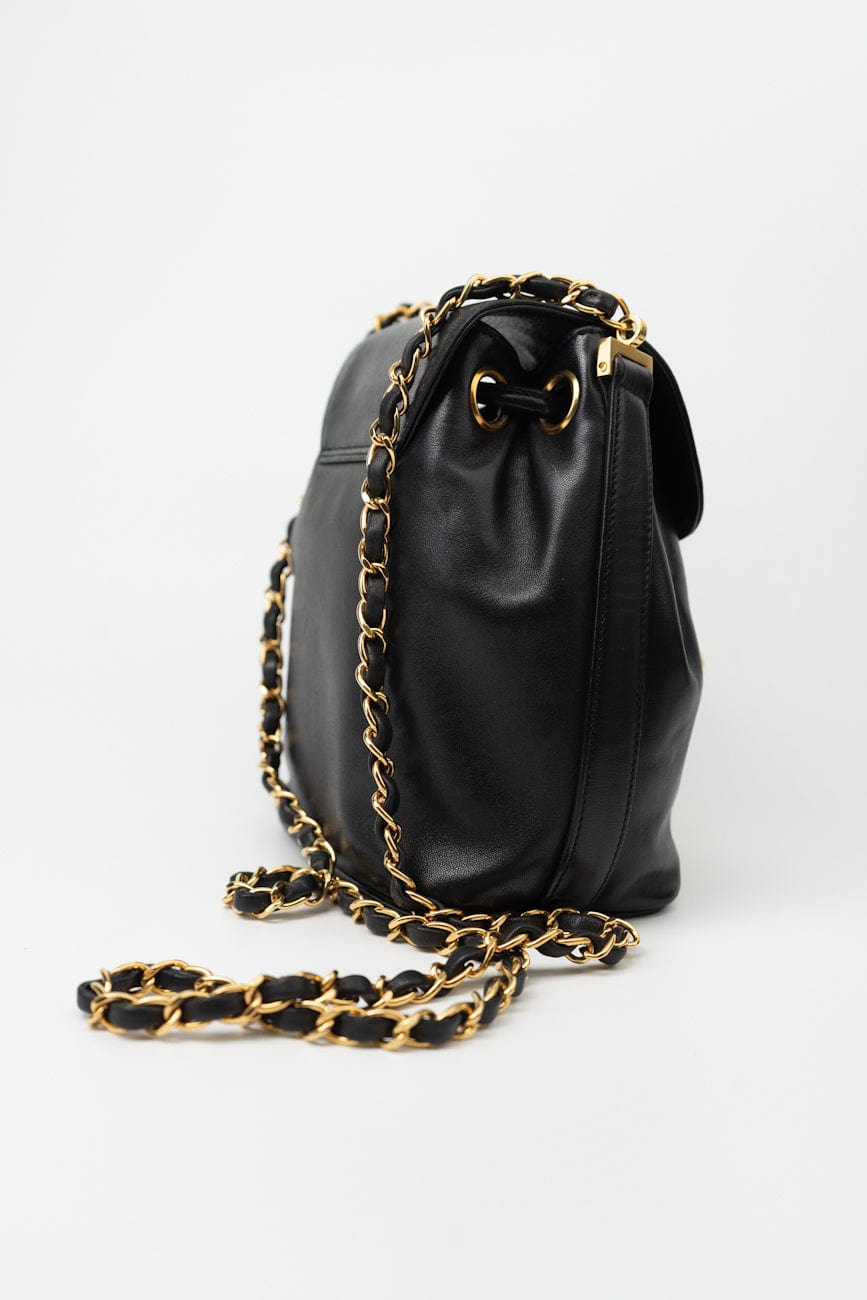 Vintage Black Lambskin Drawstring Cross Body Bag Gold Hardware