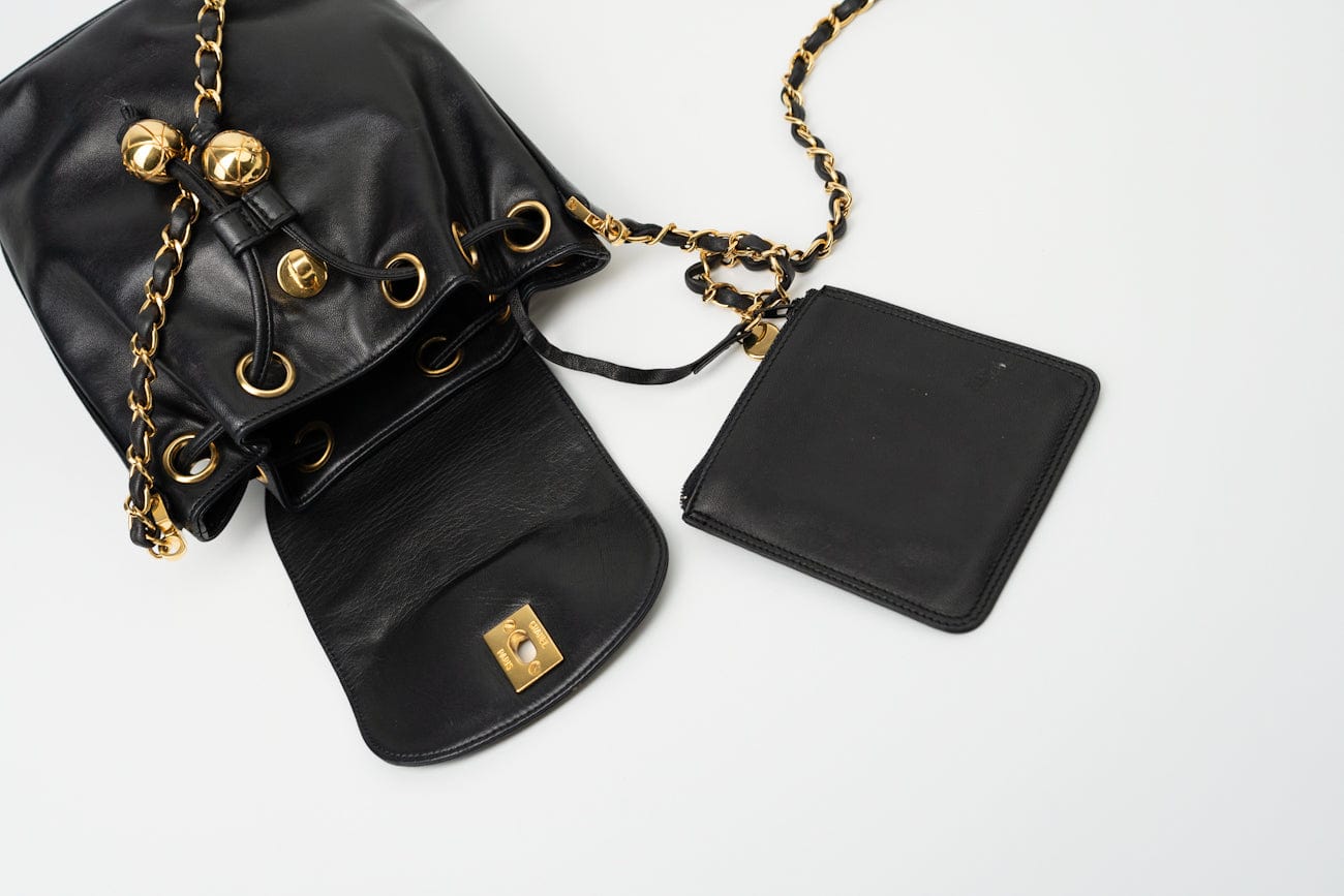 Vintage Black Lambskin Drawstring Cross Body Bag Gold Hardware