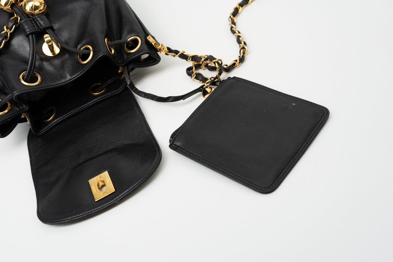 Vintage Black Lambskin Drawstring Cross Body Bag Gold Hardware