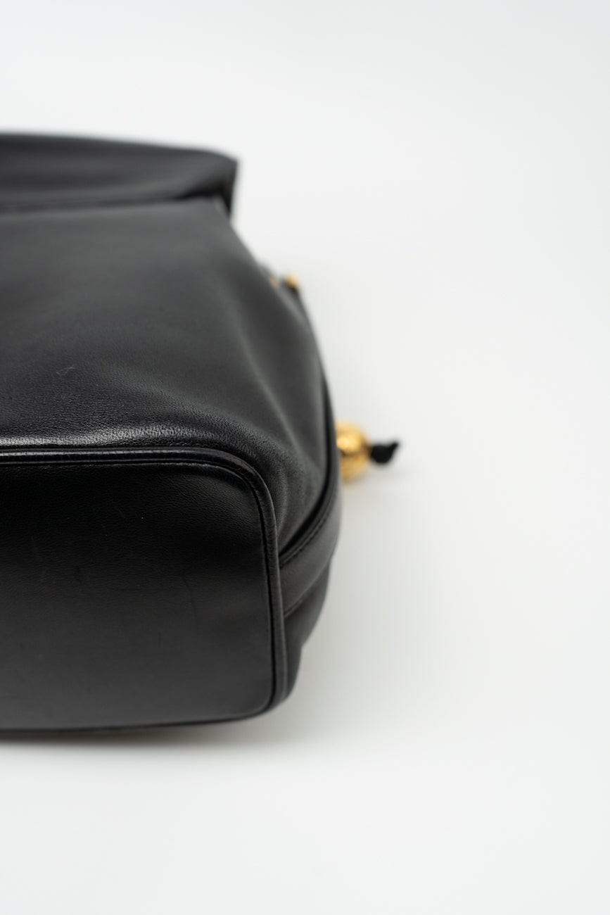 Vintage Black Lambskin Drawstring Cross Body Bag Gold Hardware