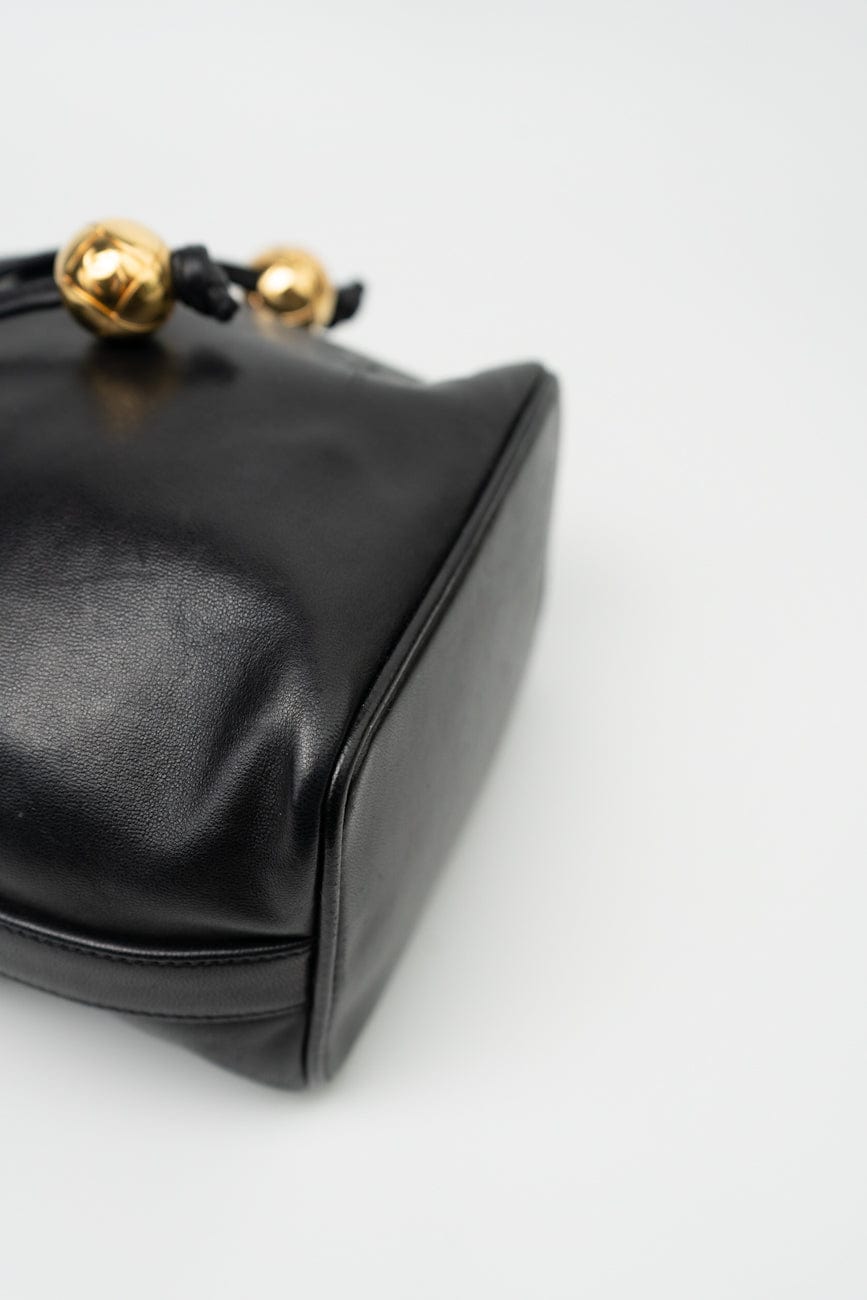 Vintage Black Lambskin Drawstring Cross Body Bag Gold Hardware