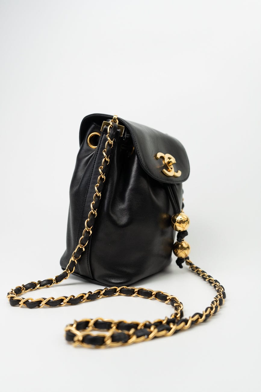 Vintage Black Lambskin Drawstring Cross Body Bag Gold Hardware