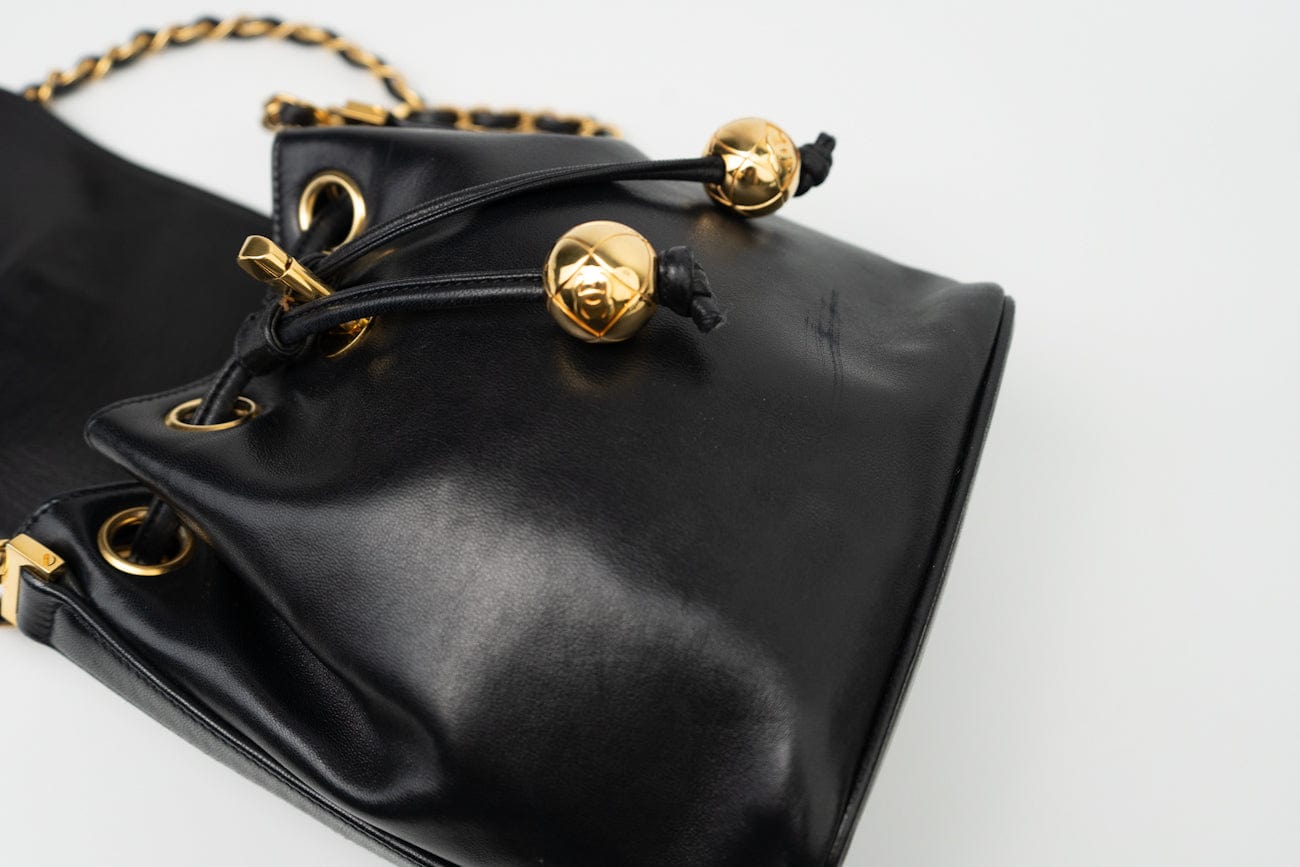 Vintage Black Lambskin Drawstring Cross Body Bag Gold Hardware