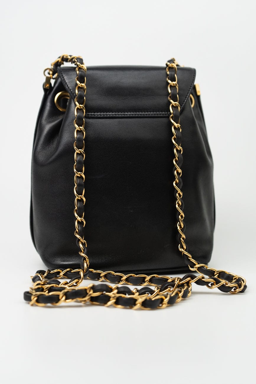 Vintage Black Lambskin Drawstring Cross Body Bag Gold Hardware