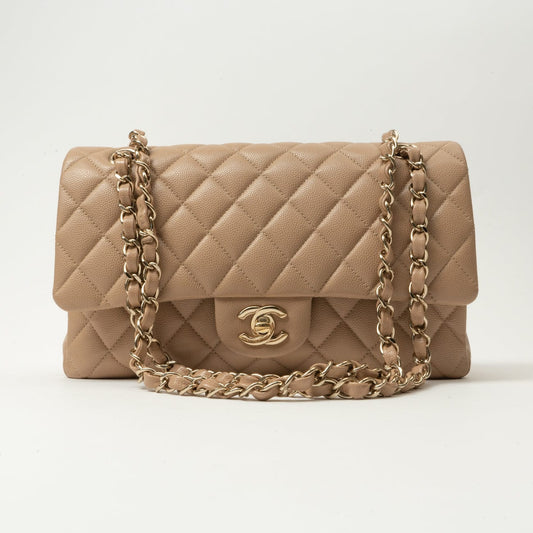19B Dark Beige Caviar Quilted Classic Flap Medium LGHW