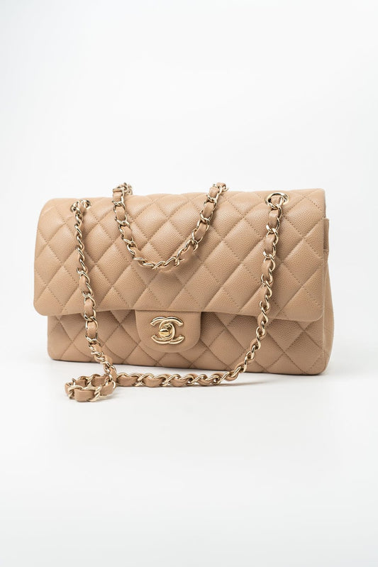 19B Dark Beige Caviar Quilted Classic Flap Medium LGHW