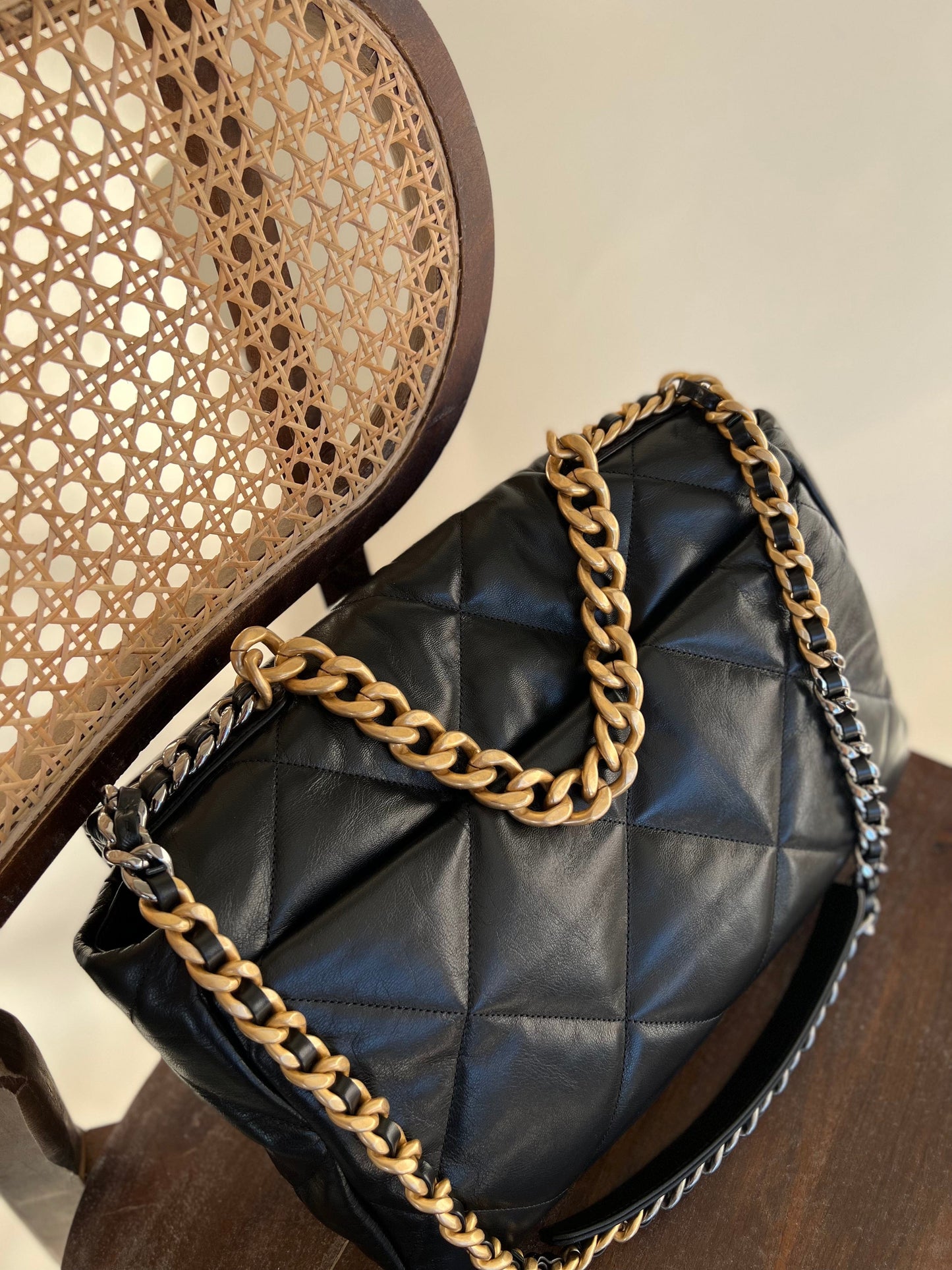 20A Black Goatskin Quilted 19 Flap Maxi Mixed Hardware