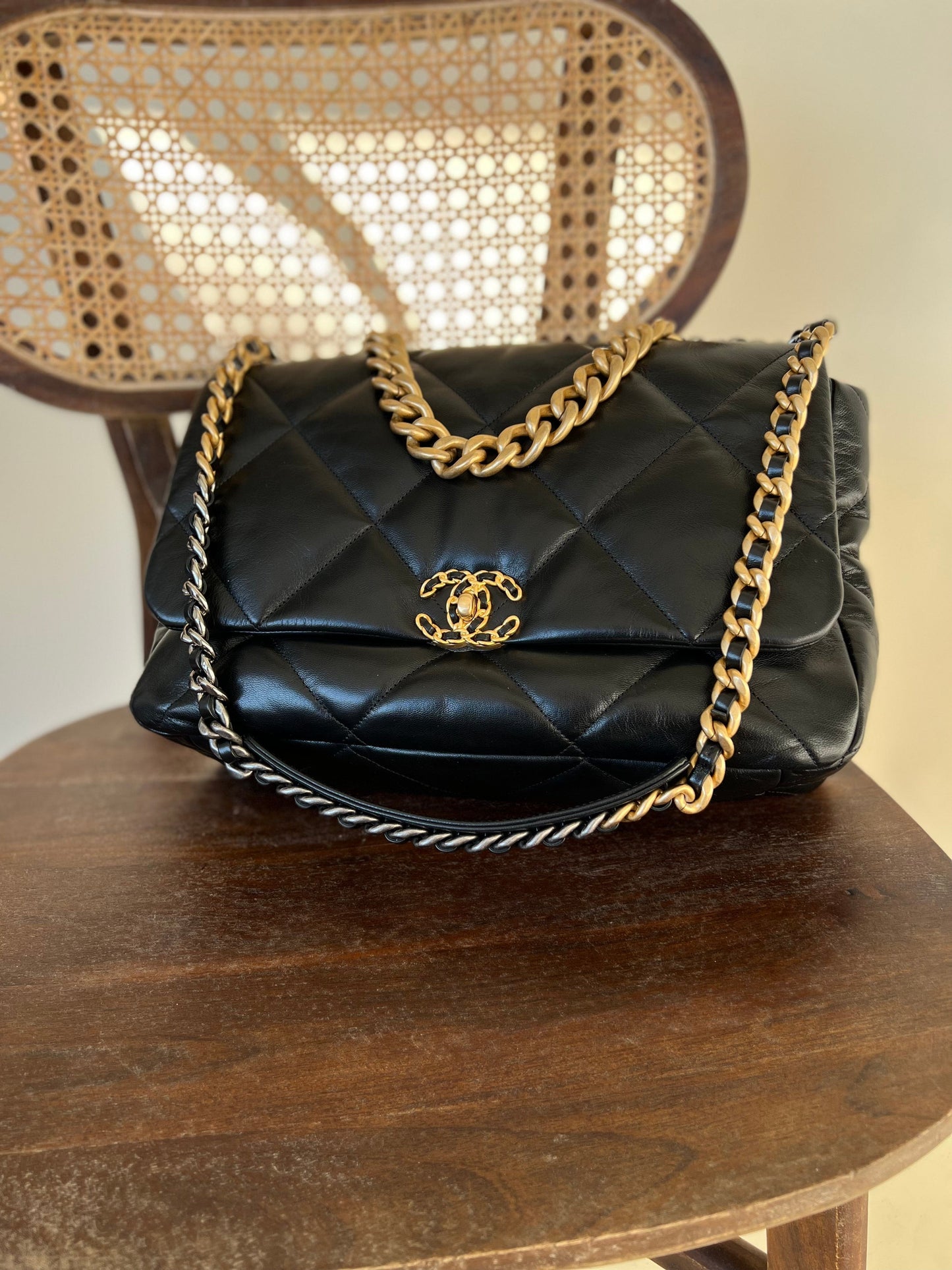 20A Black Goatskin Quilted 19 Flap Maxi Mixed Hardware