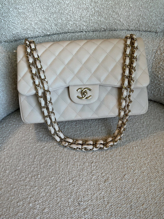 20C Light Beige Caviar Quilted Jumbo Classic Flap LGHW