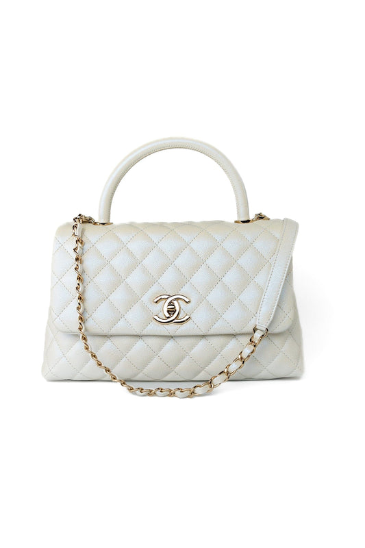 20K Iridescent White Caviar Quilted Coco Handle Medium Light Gold Hardware