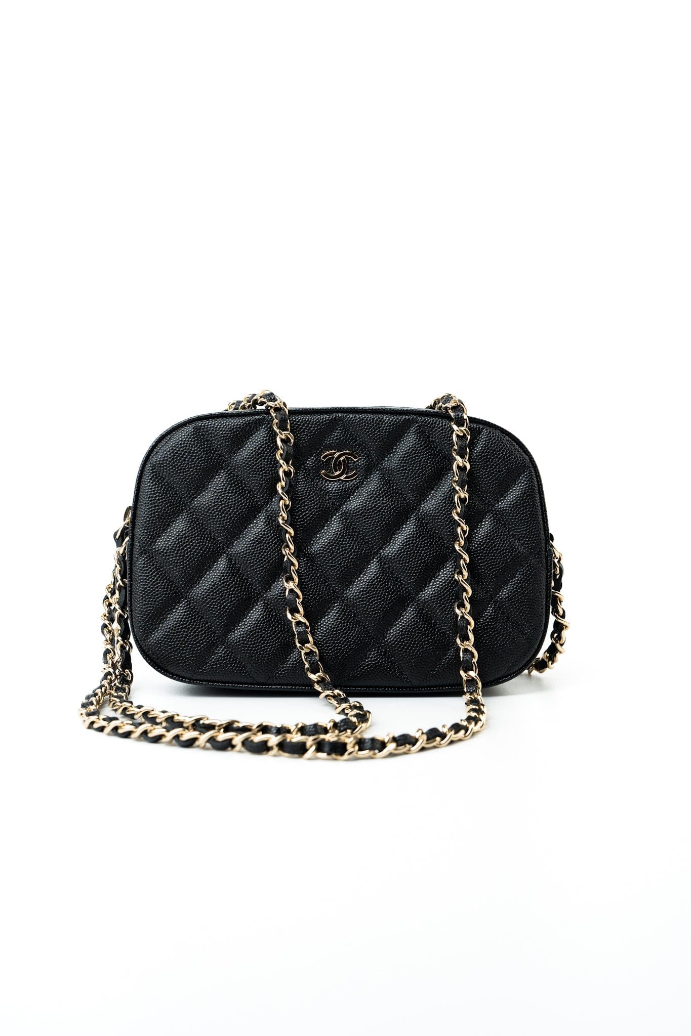 21A Black Caviar Quilted Camera Case Gold Hardware