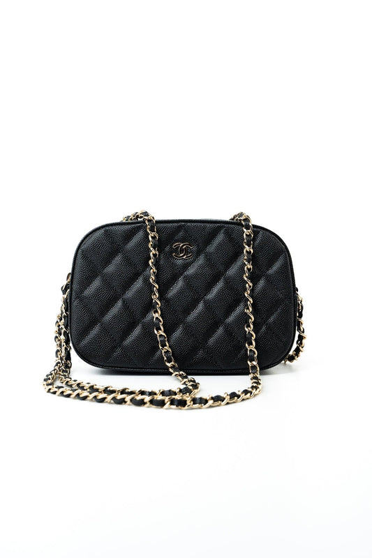 21A Black Caviar Quilted Camera Case Gold Hardware