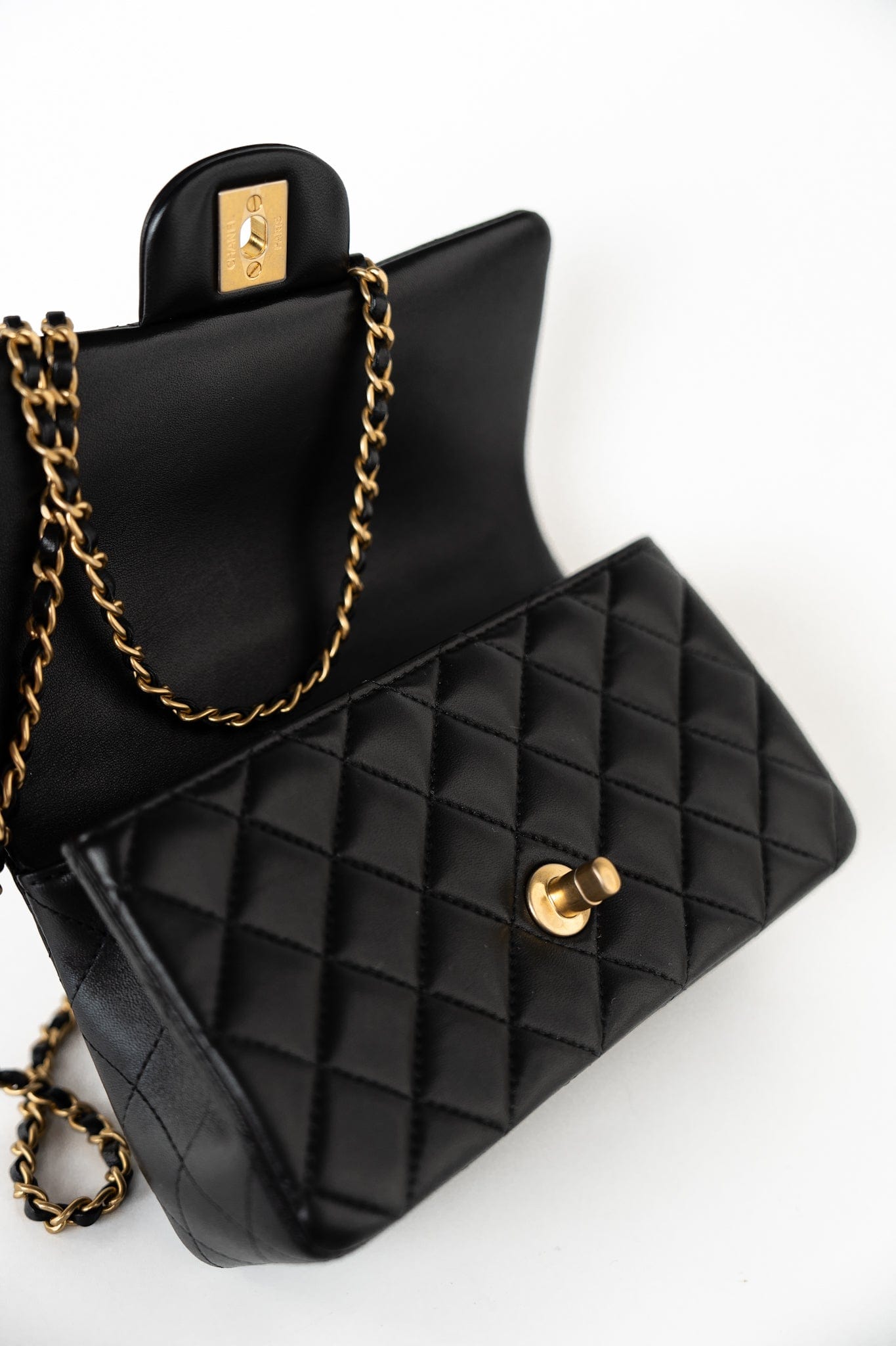 21A Black Lambskin Quilted Mini Top Handle Antique Gold Hardware