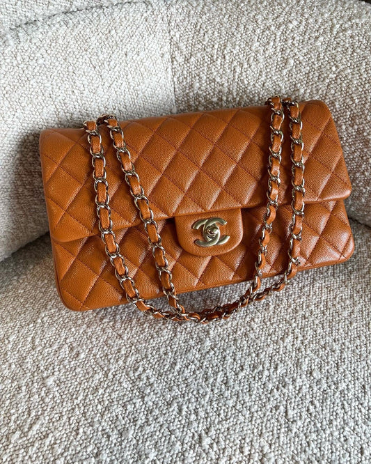 21A Caramel / Light Brown Caviar Quilted Classic Flap Medium LGHW
