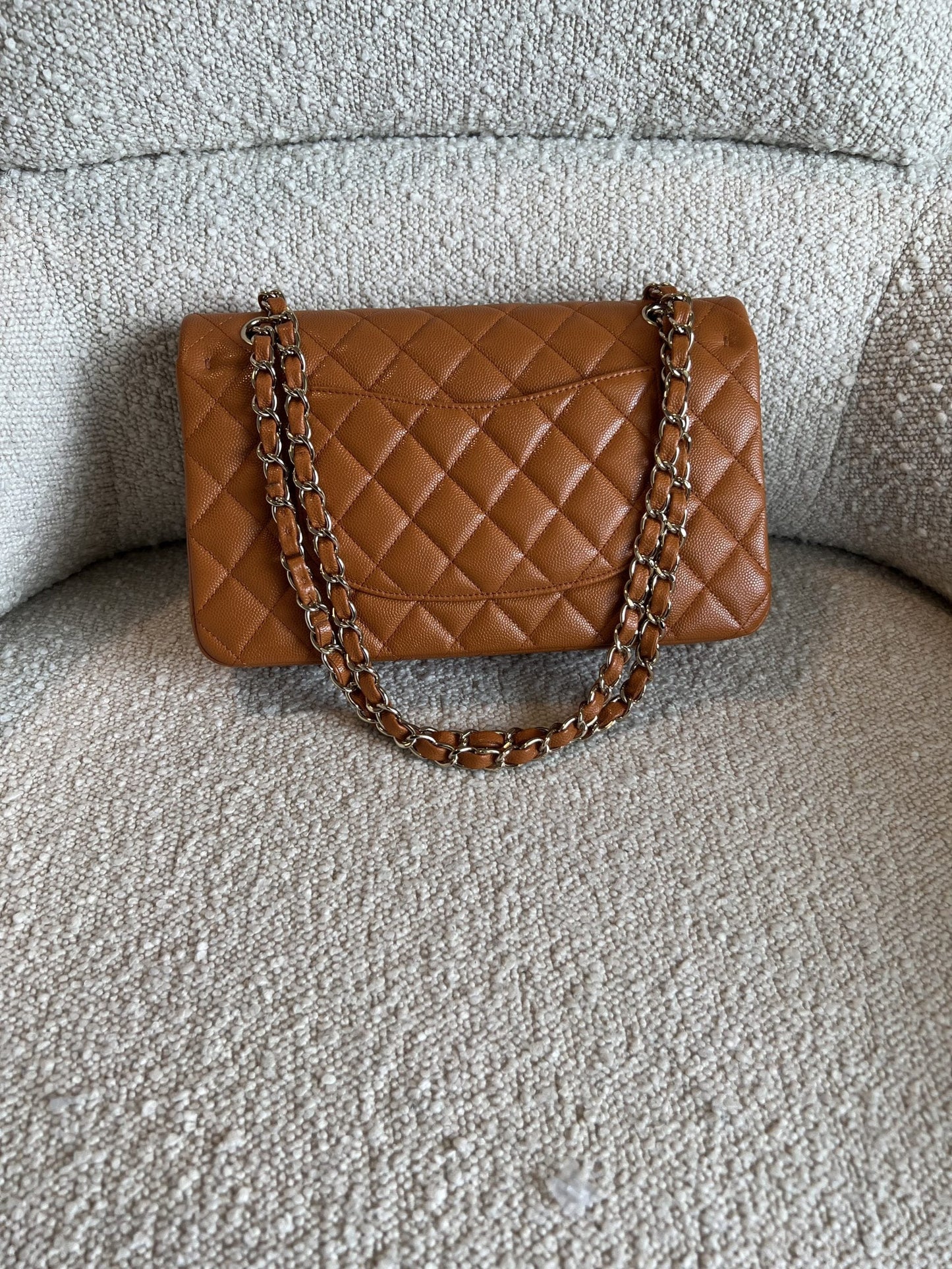 21A Caramel / Light Brown Caviar Quilted Classic Flap Medium LGHW