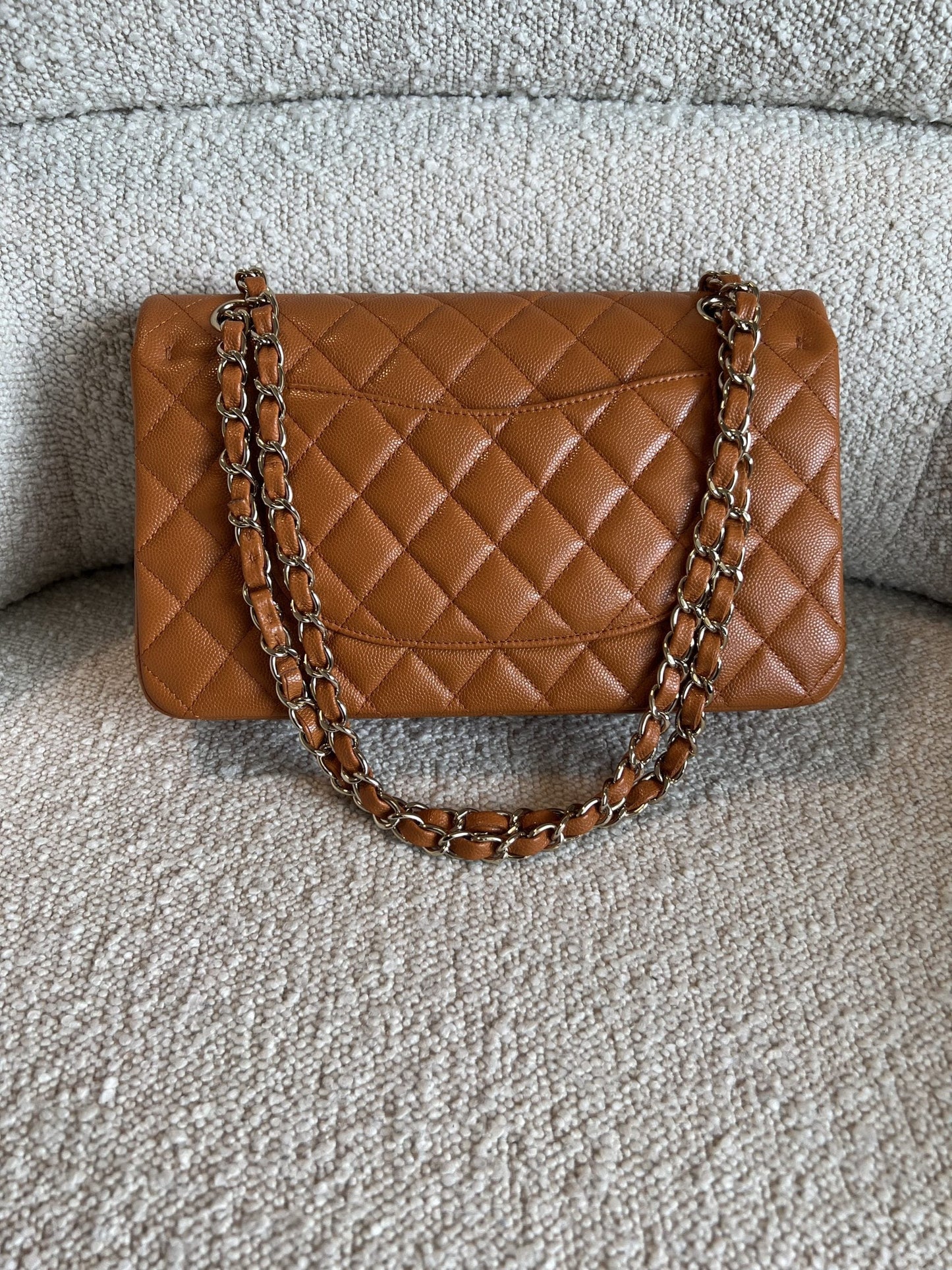 21A Caramel / Light Brown Caviar Quilted Classic Flap Medium LGHW