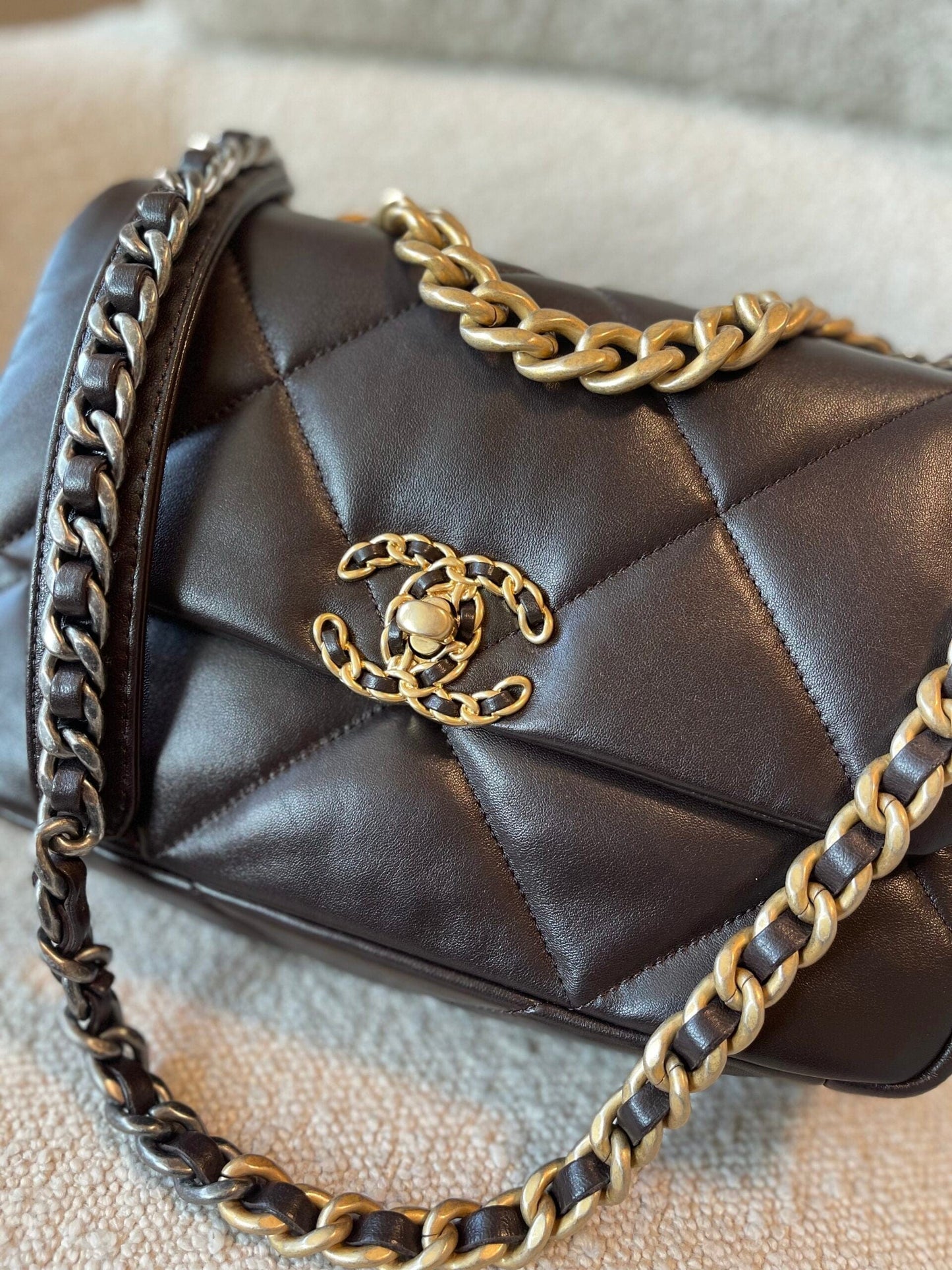 21A Dark Brown Lambskin Quilted 19 Flap Small MHW