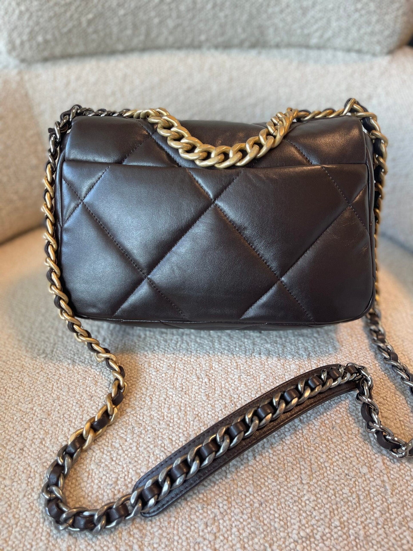 21A Dark Brown Lambskin Quilted 19 Flap Small MHW