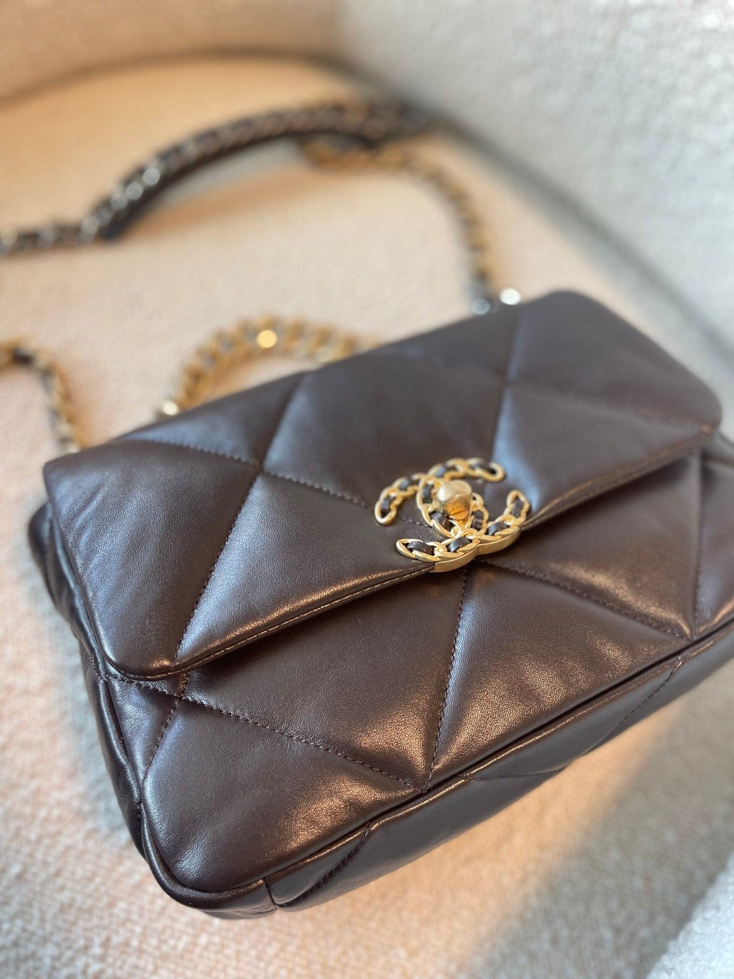 21A Dark Brown Lambskin Quilted 19 Flap Small MHW