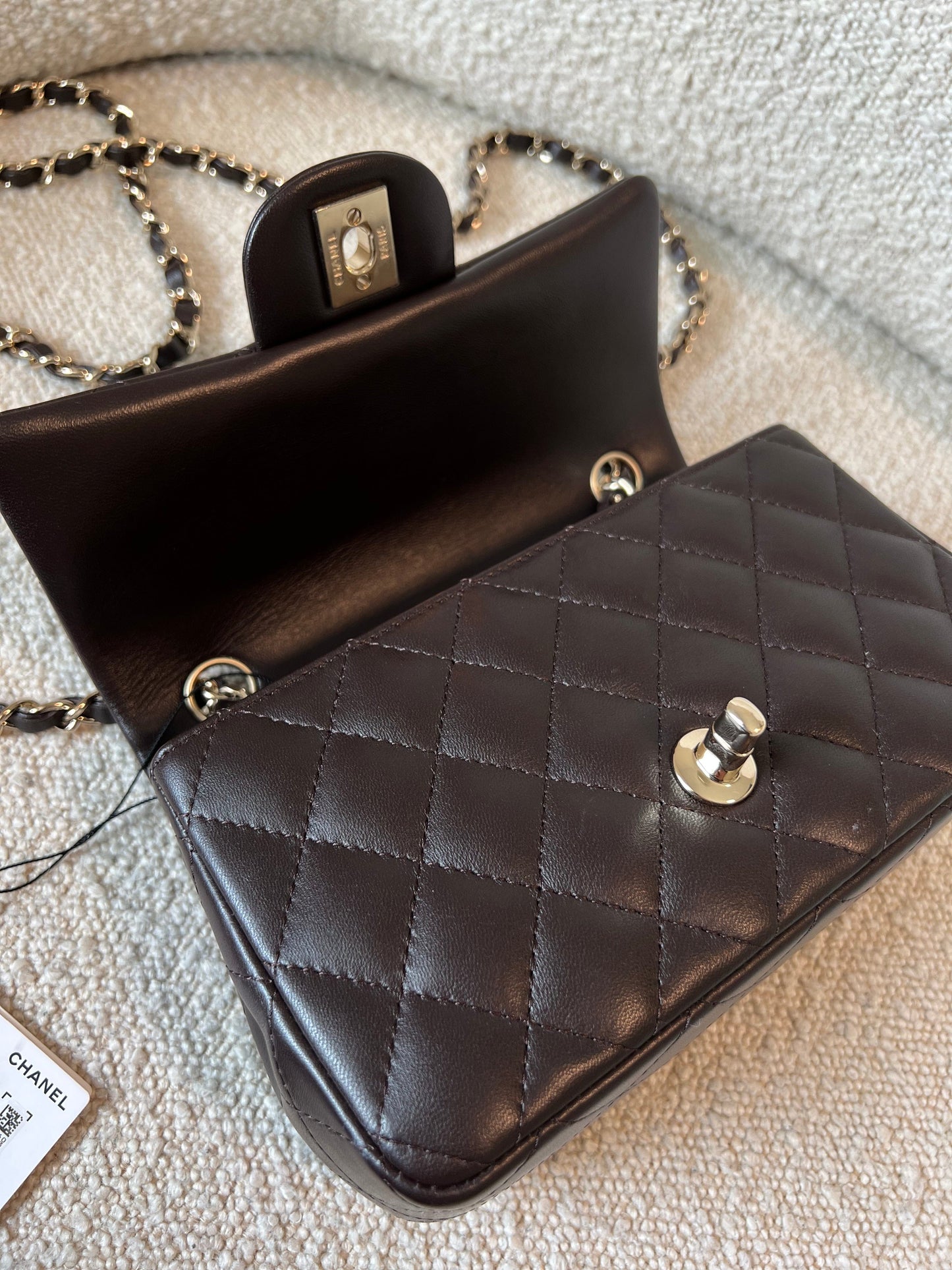 21A Dark Brown Lambskin Quilted Mini Rectangular Single Flap Light Gold Hardware