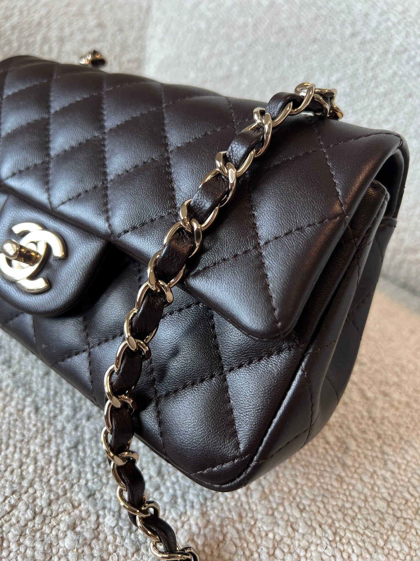 21A Dark Brown Lambskin Quilted Mini Rectangular Single Flap Light Gold Hardware