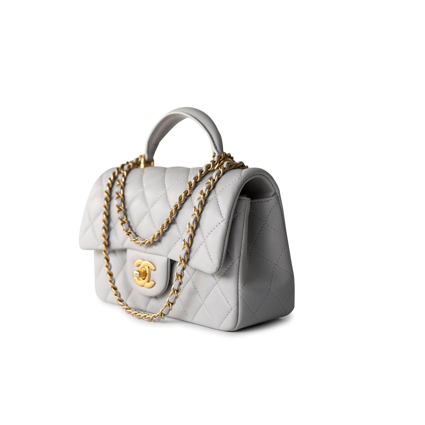 21A Grey Lambskin Quilted Mini Top Handle Antique Gold Hardware