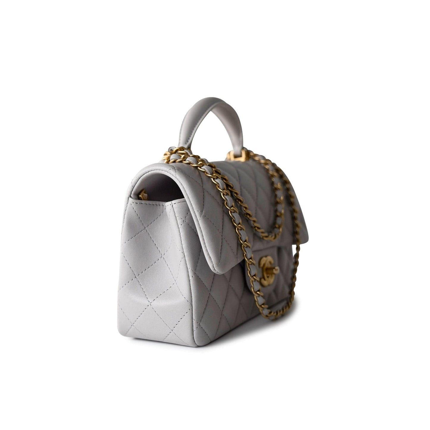 21A Grey Lambskin Quilted Mini Top Handle Antique Gold Hardware