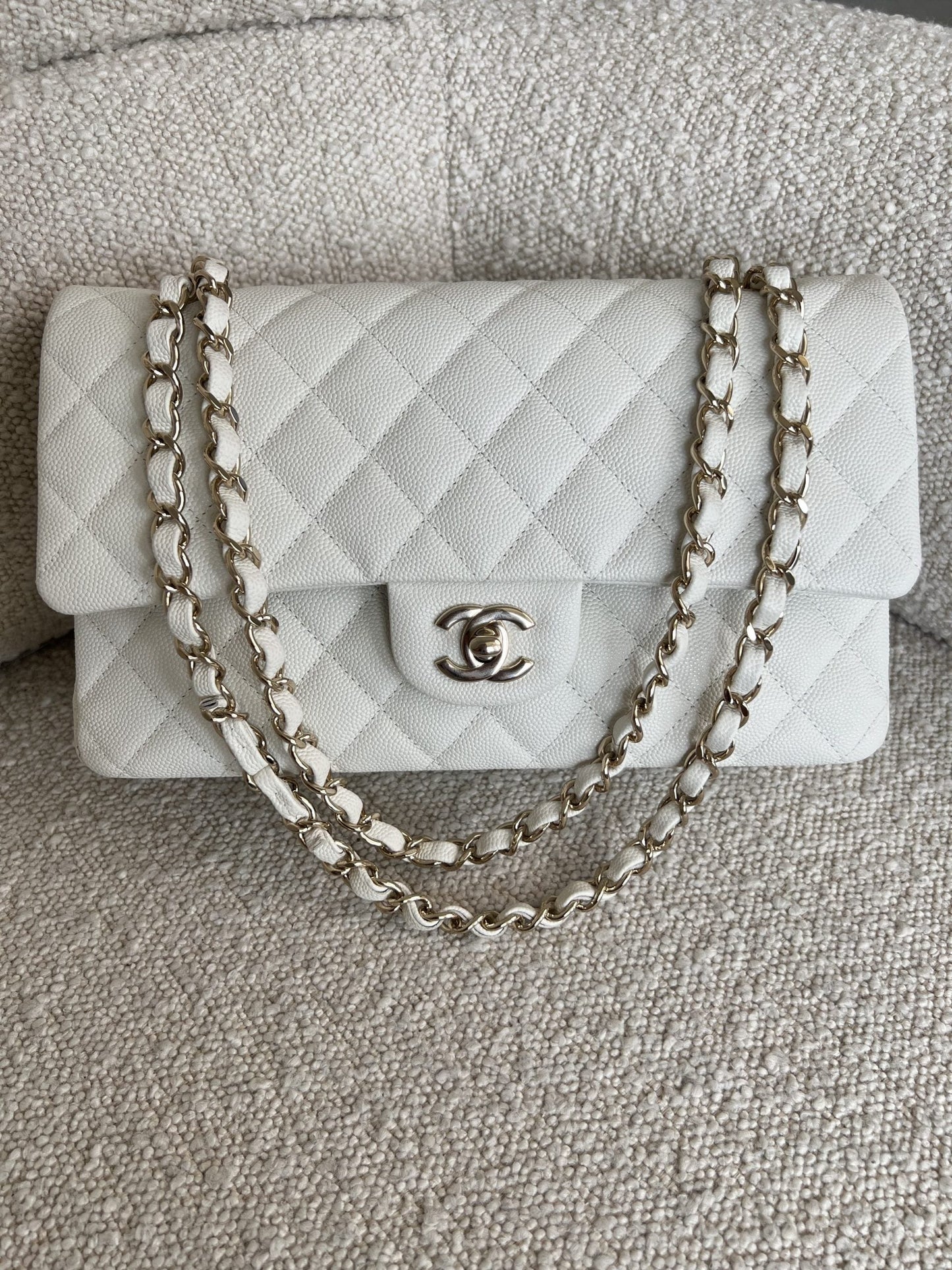 21A White Caviar Quilted Classic Flap Medium LGHW