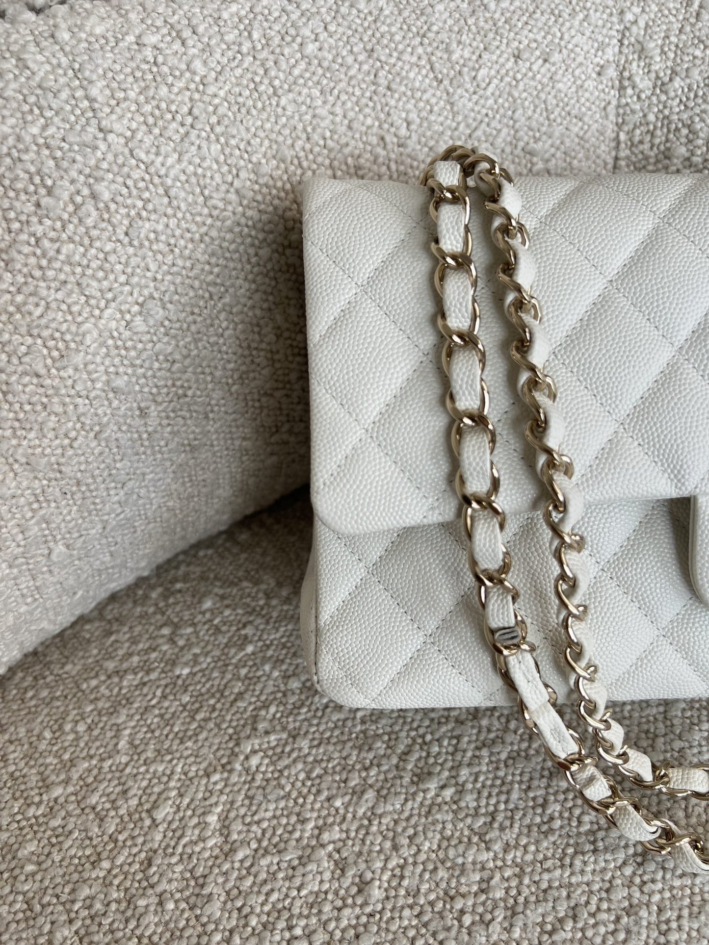 21A White Caviar Quilted Classic Flap Medium LGHW