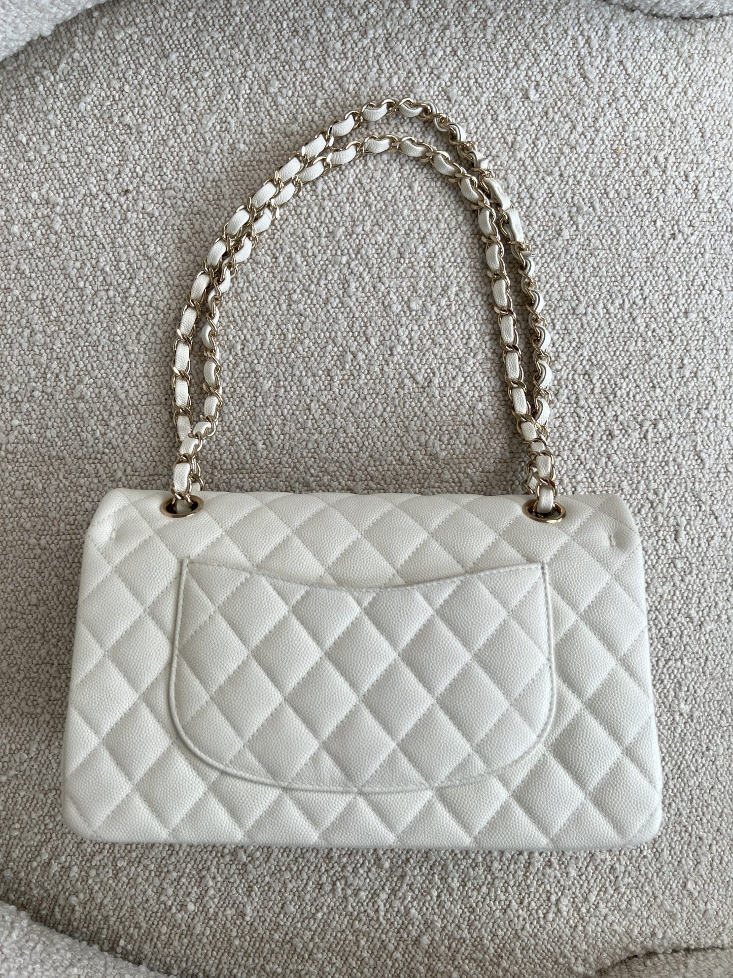 21A White Caviar Quilted Classic Flap Medium LGHW