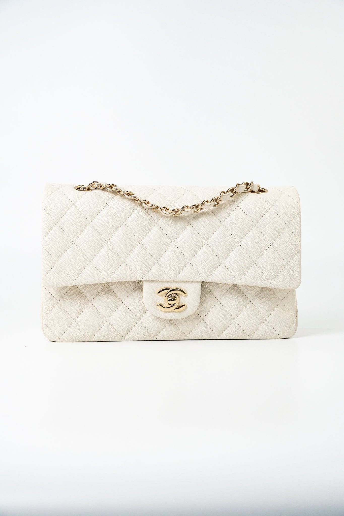 21A White/ Ivory Caviar Quilted Classic Flap Medium Light Gold Hardware