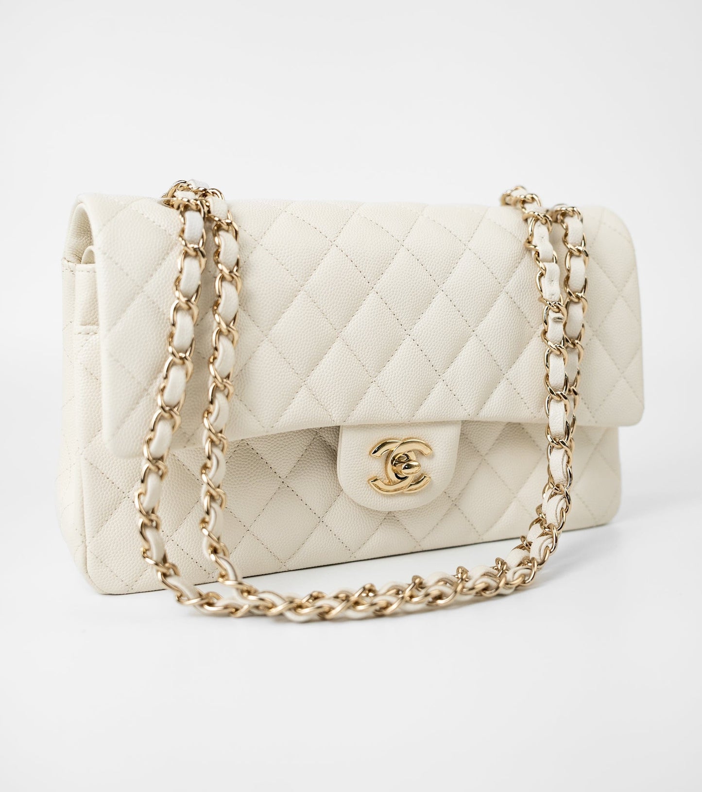 21A White/ Ivory Caviar Quilted Classic Flap Medium Light Gold Hardware