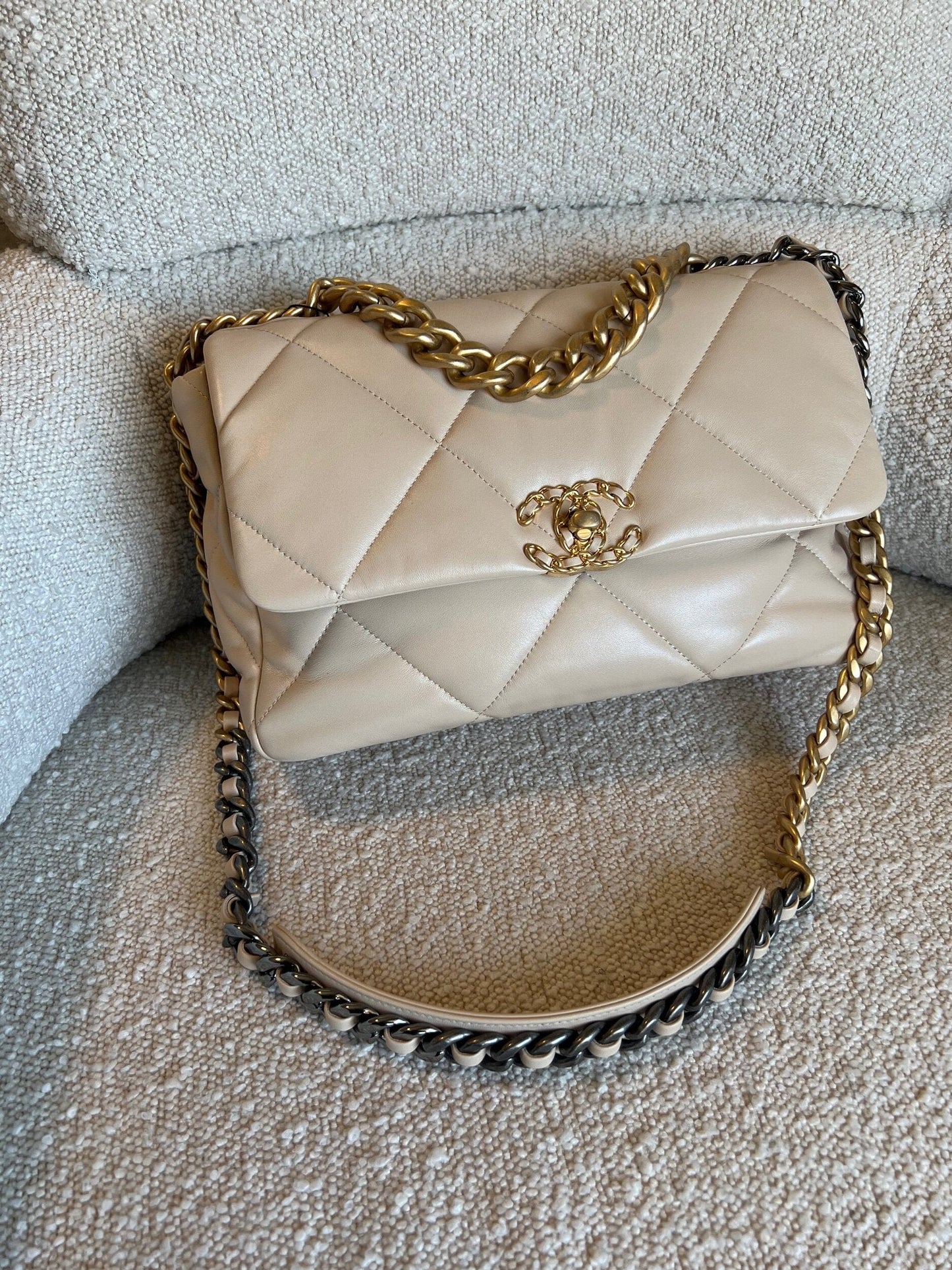 21B Beige Lambskin Quilted 19 Flap Medium/Large Mixed Hardware