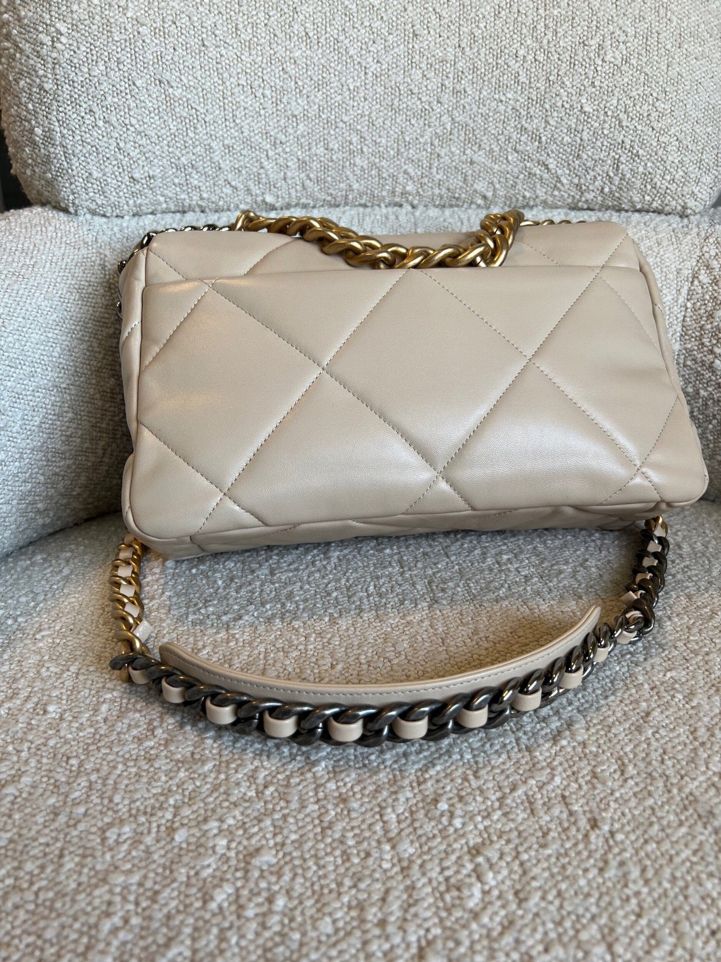 21B Beige Lambskin Quilted 19 Flap Medium/Large Mixed Hardware