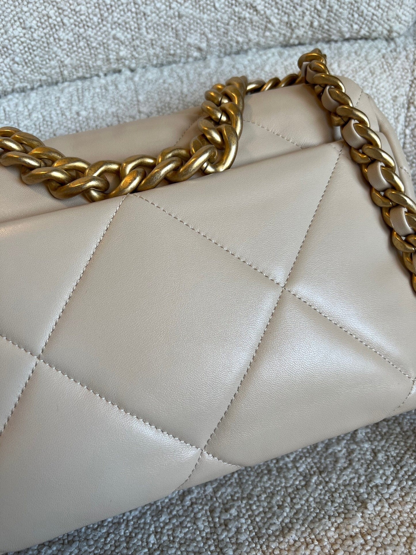 21B Beige Lambskin Quilted 19 Flap Medium/Large Mixed Hardware