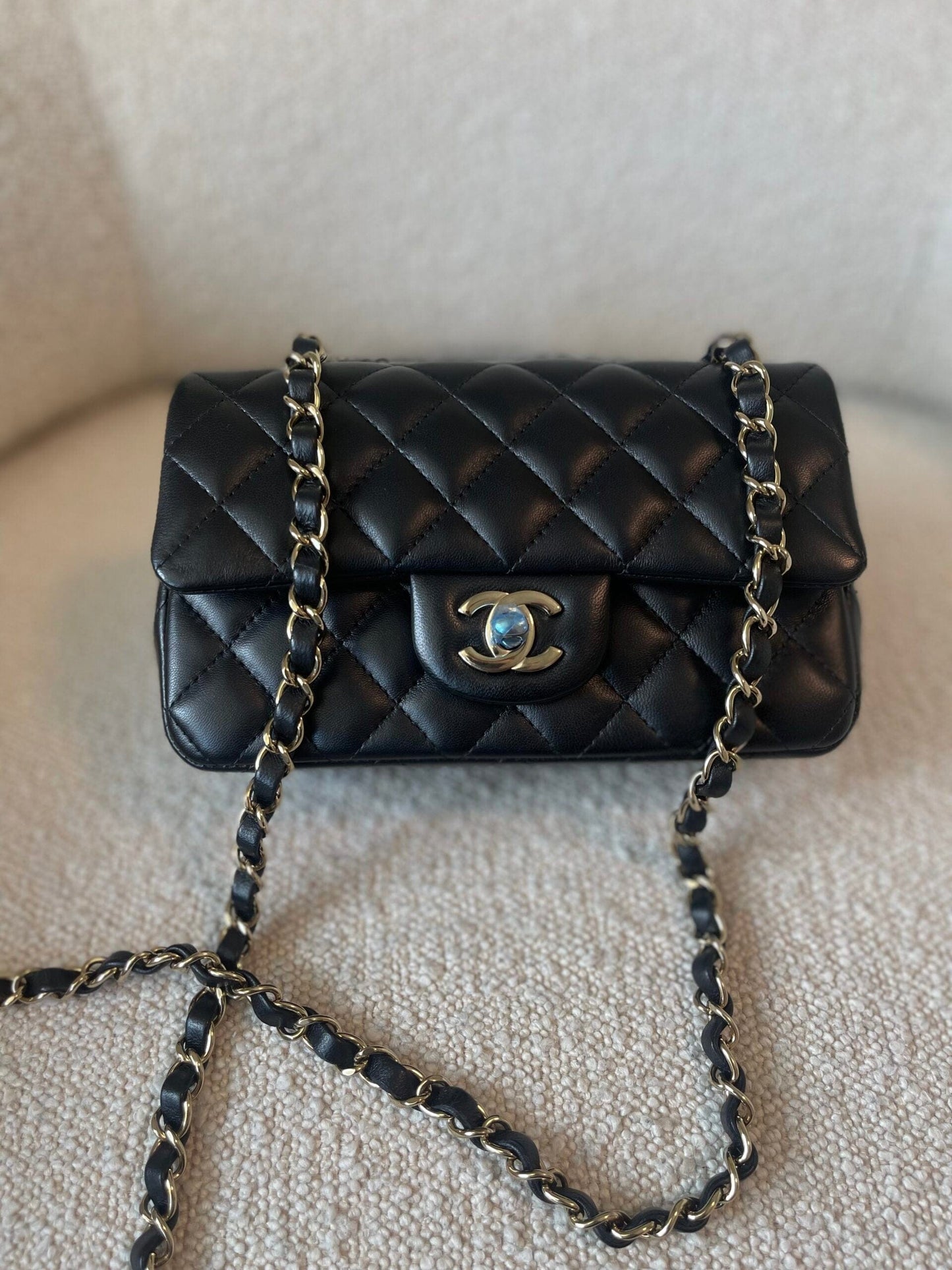 21K Black Lambskin Quilted Mini Rectangular Single Flap Light Gold Hardware