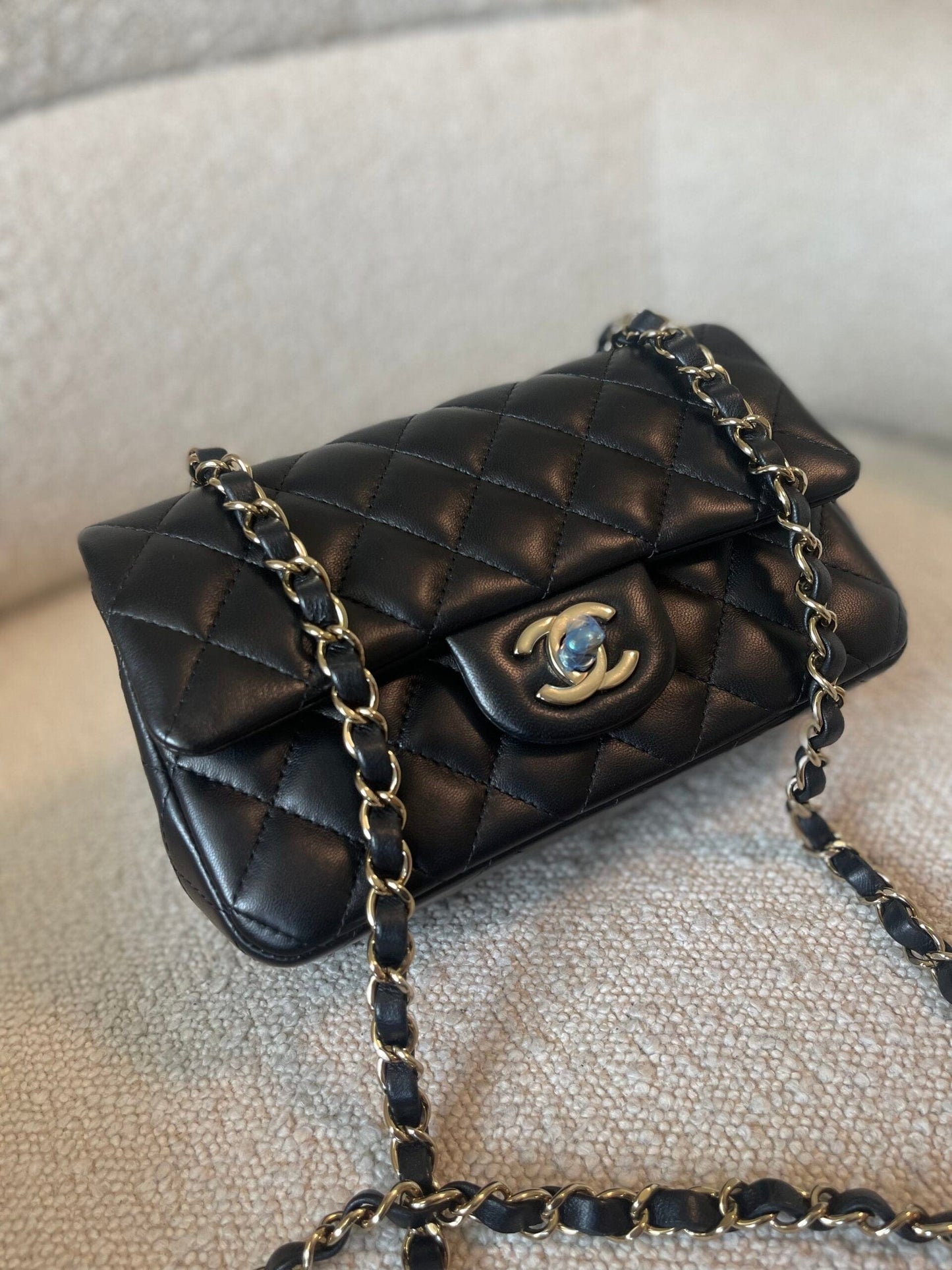 21K Black Lambskin Quilted Mini Rectangular Single Flap Light Gold Hardware