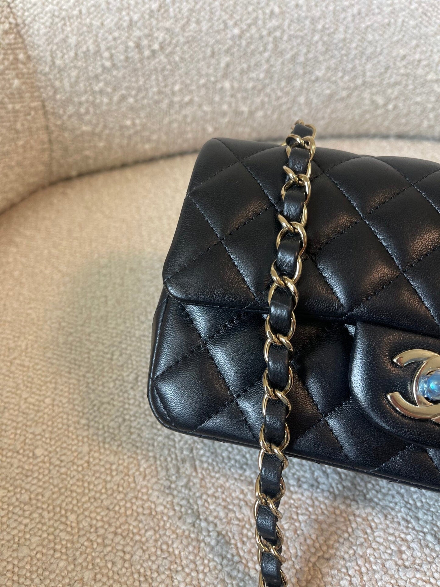 21K Black Lambskin Quilted Mini Rectangular Single Flap Light Gold Hardware